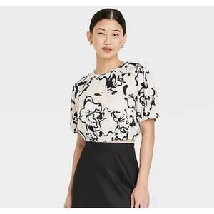 A New Day Slim Fit Puff Short Sleeve Top Black & White Print -Women's L NWT